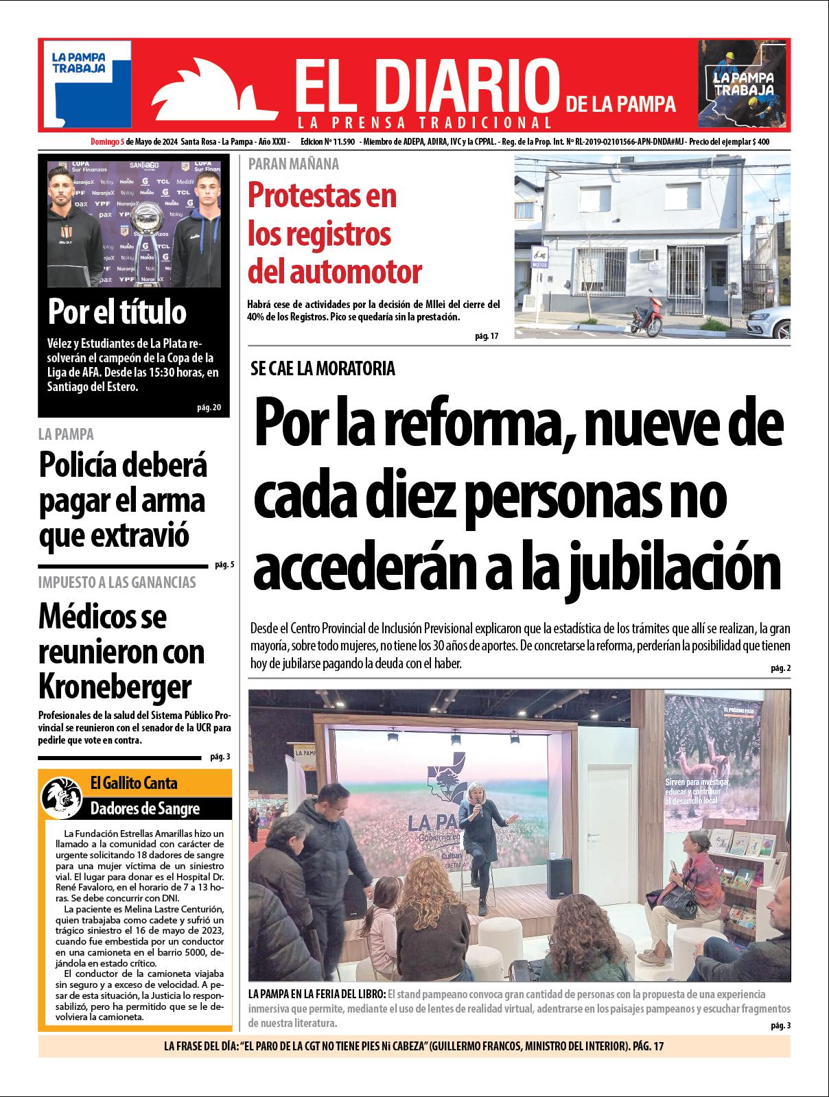 Tapa de El Diario en papel  domingo 05 de mayo de 2024